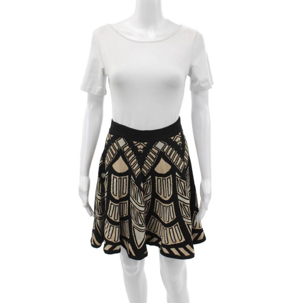 Torn by Ronny Kobo Women Skater Skirt Beige Geometric Knee Length Viscose Size M